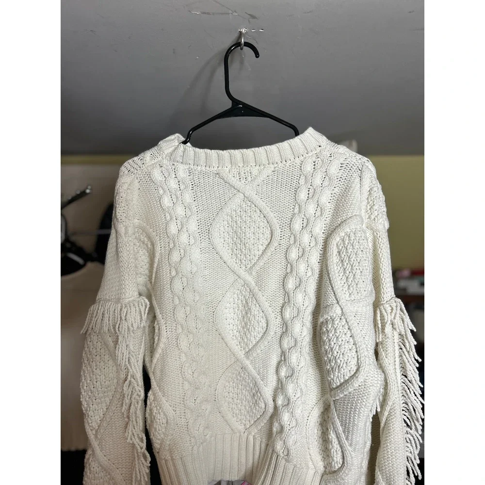 Macrame Line & Dot Cable Knit Fringe Sweater Heavy Cozy Boho Statement - Picture 3 of 6